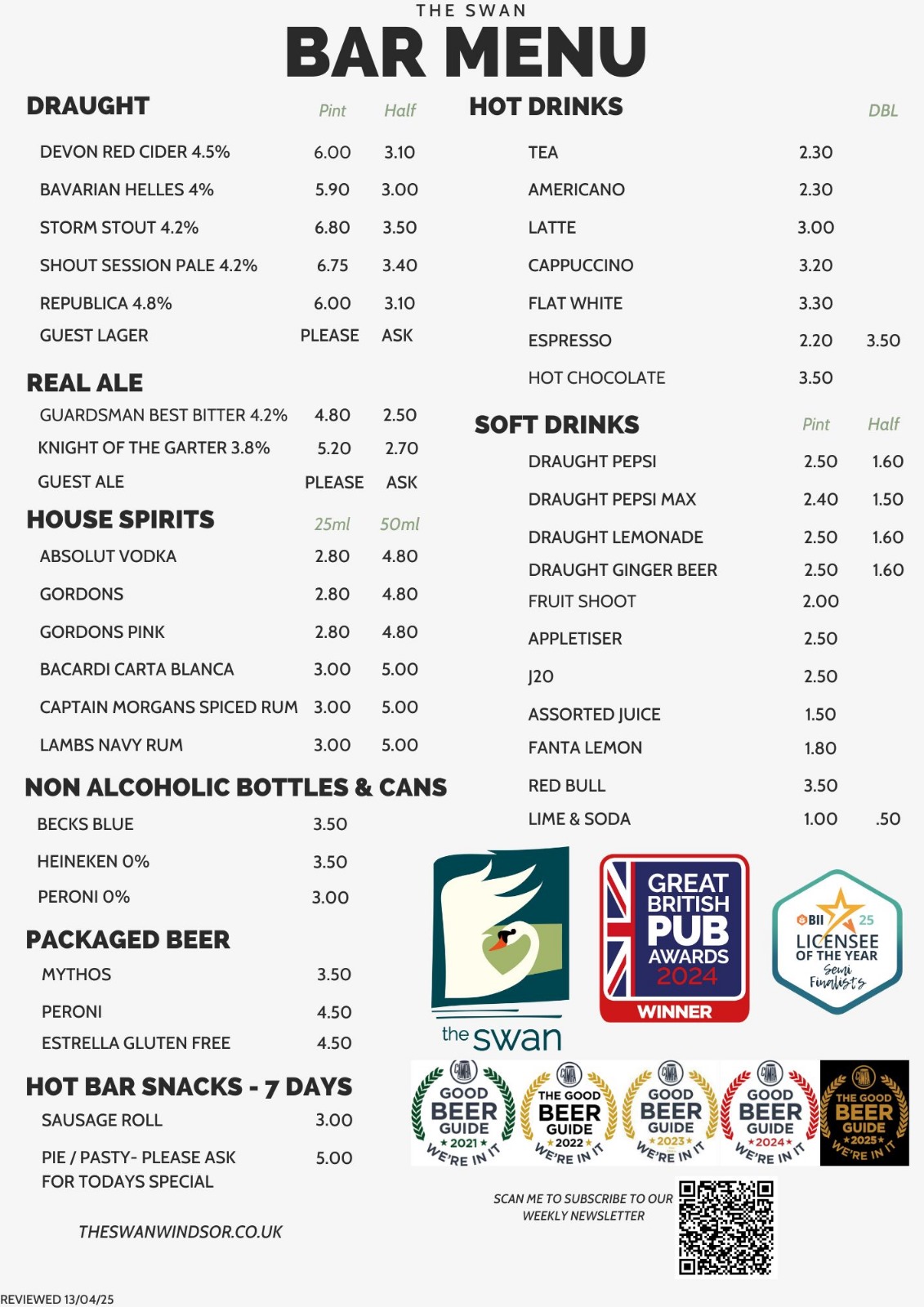 Bar Prices (28th April 2025