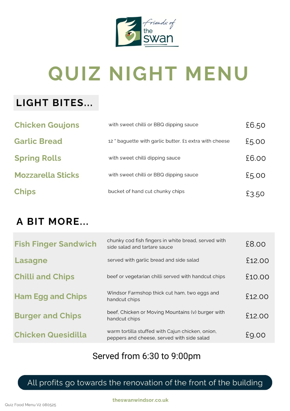 Quiz Night Menu