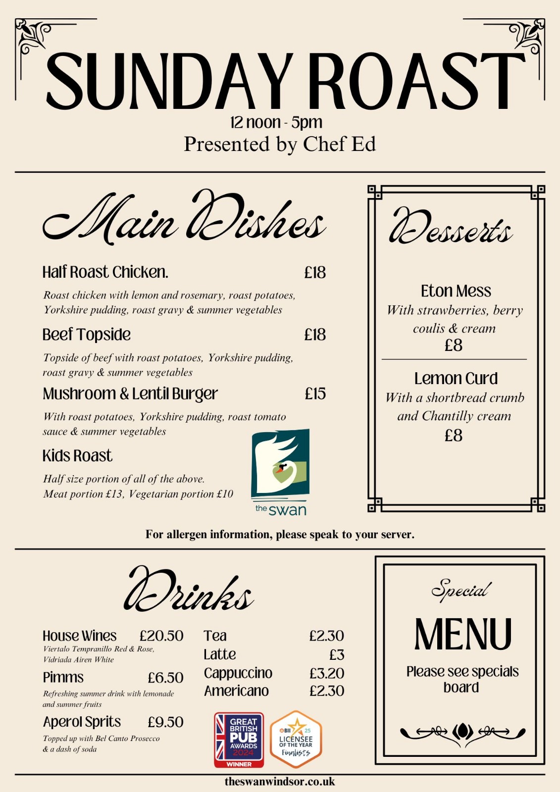 Sunday Menu June 1st