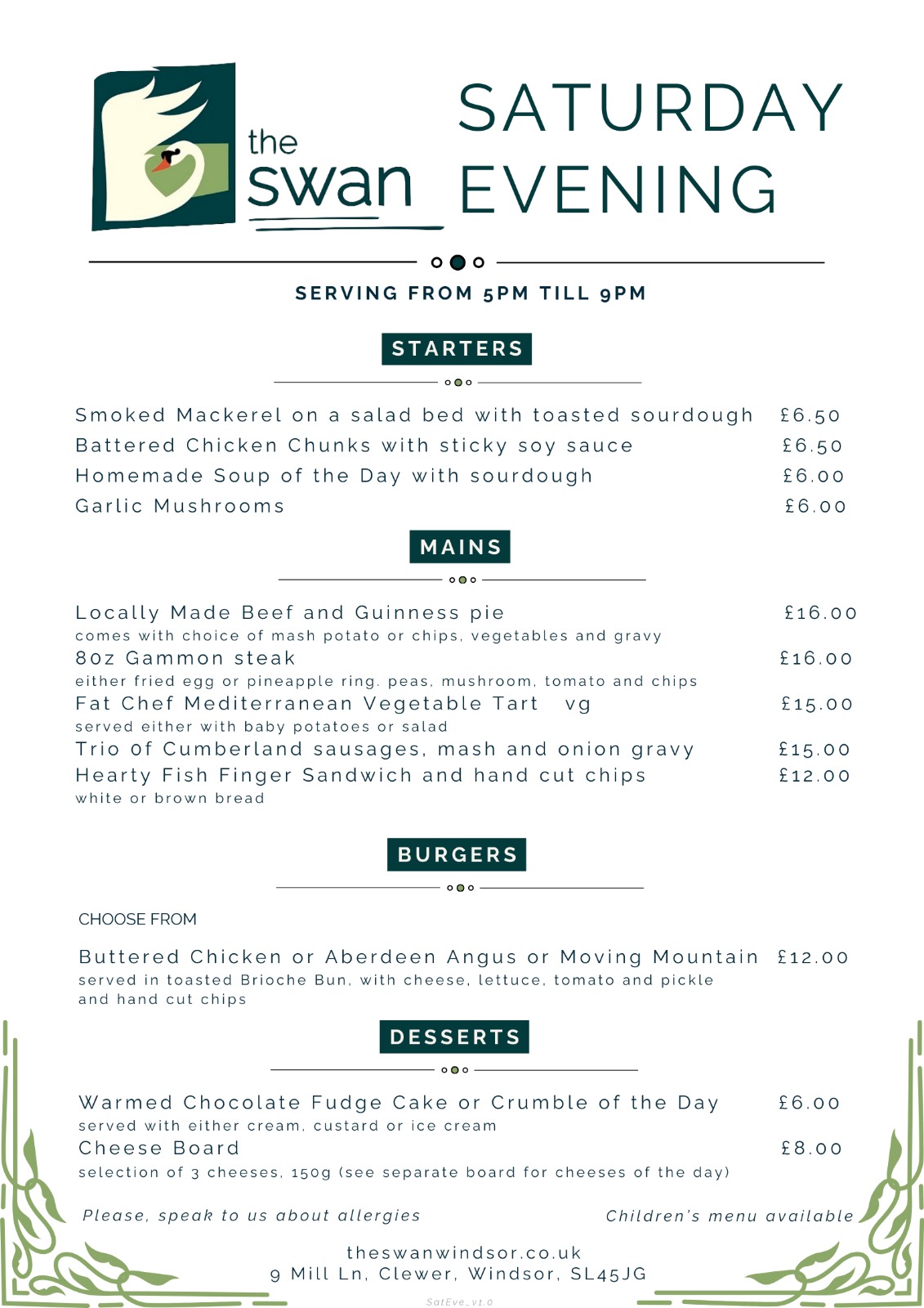 New Saturday Evening Menu