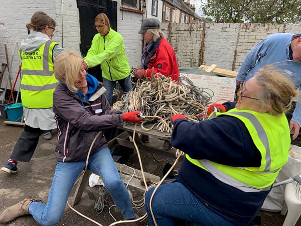 The wire stripping crew hard at it