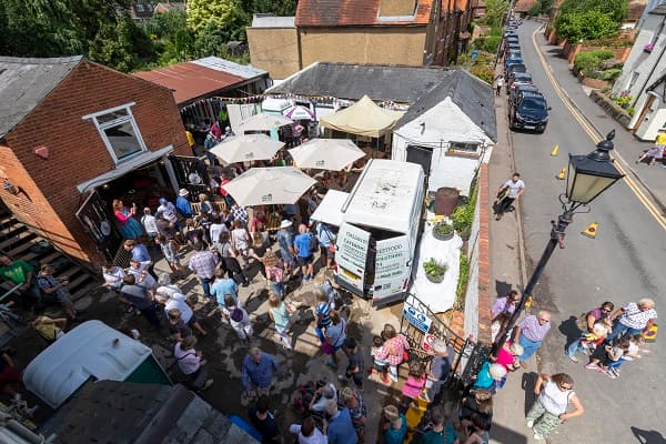 View from above of the busy courtyard