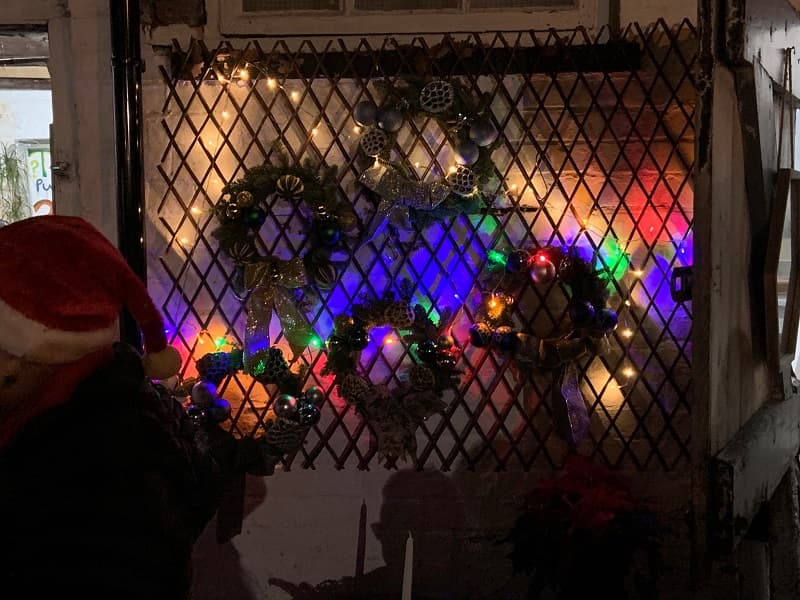 BColourful display of Christmas wreaths