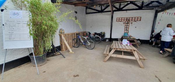 Bikes parked up under the canopy