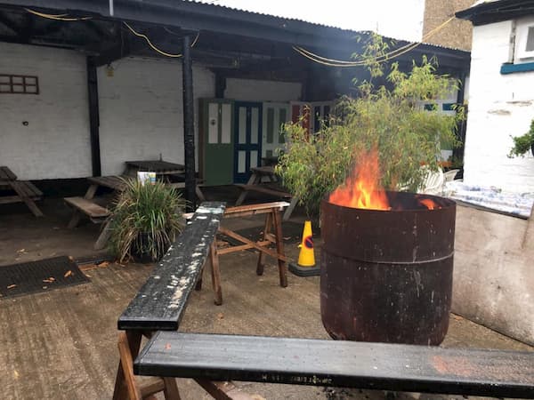Brazier to keep people warm in The Courtyard