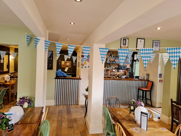 Inside the pub decorated up with bunting