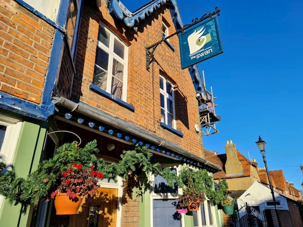 The front of the pub with glorious blue sky