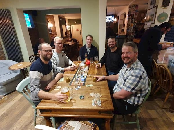 The regular players - five gents with gane in front of them and the odd beer too.