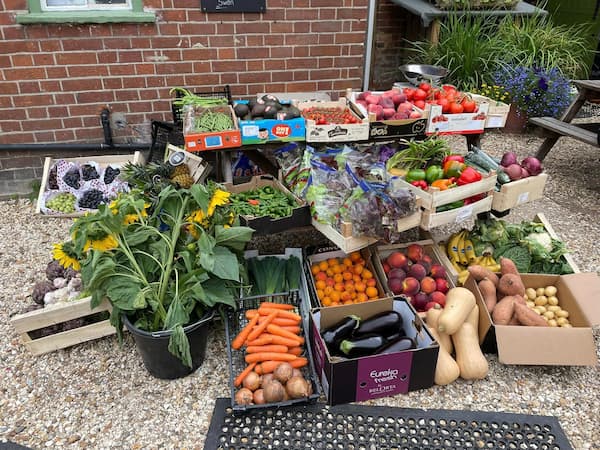 Colourful display of fruit and vegetables.