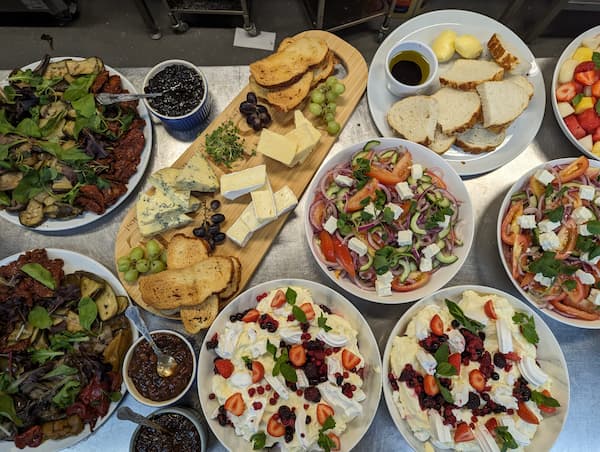 Mixed platters of food.