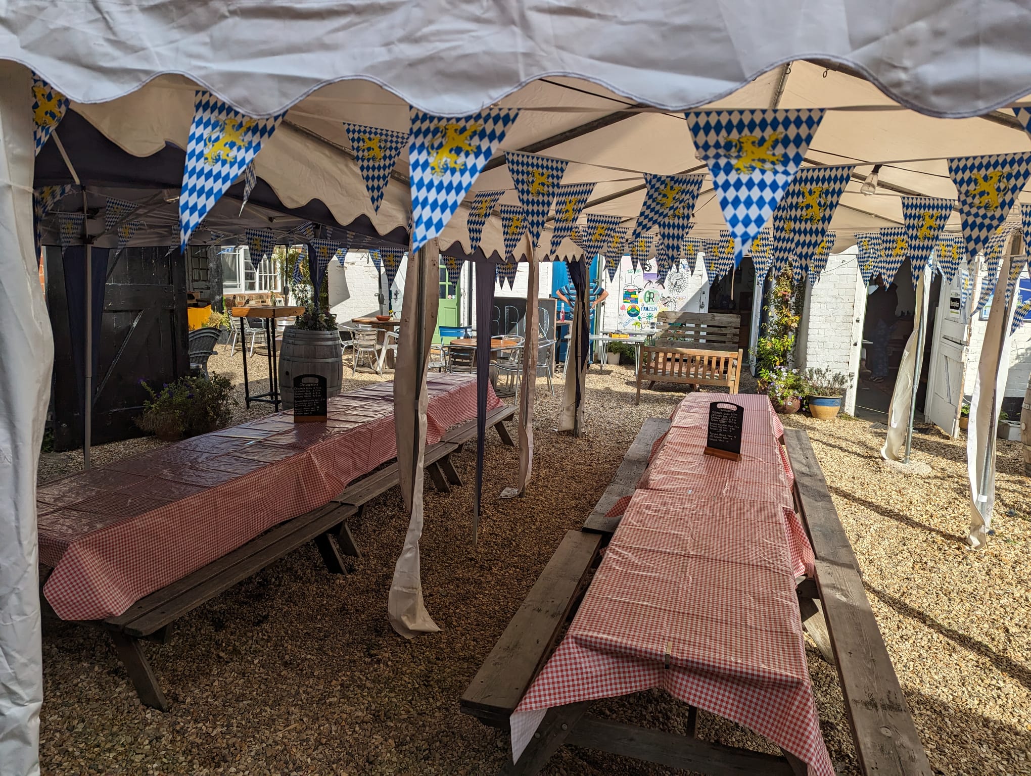 The Courtyard benches were lined up and decorated in a German beer festival theme.