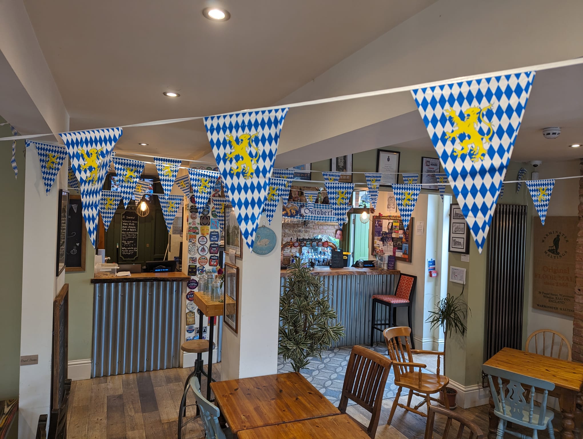 The pub was decorated with hops and Bavarian flags.