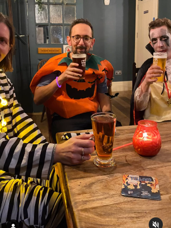 Enjoying a pint after the WTF HAlloween run