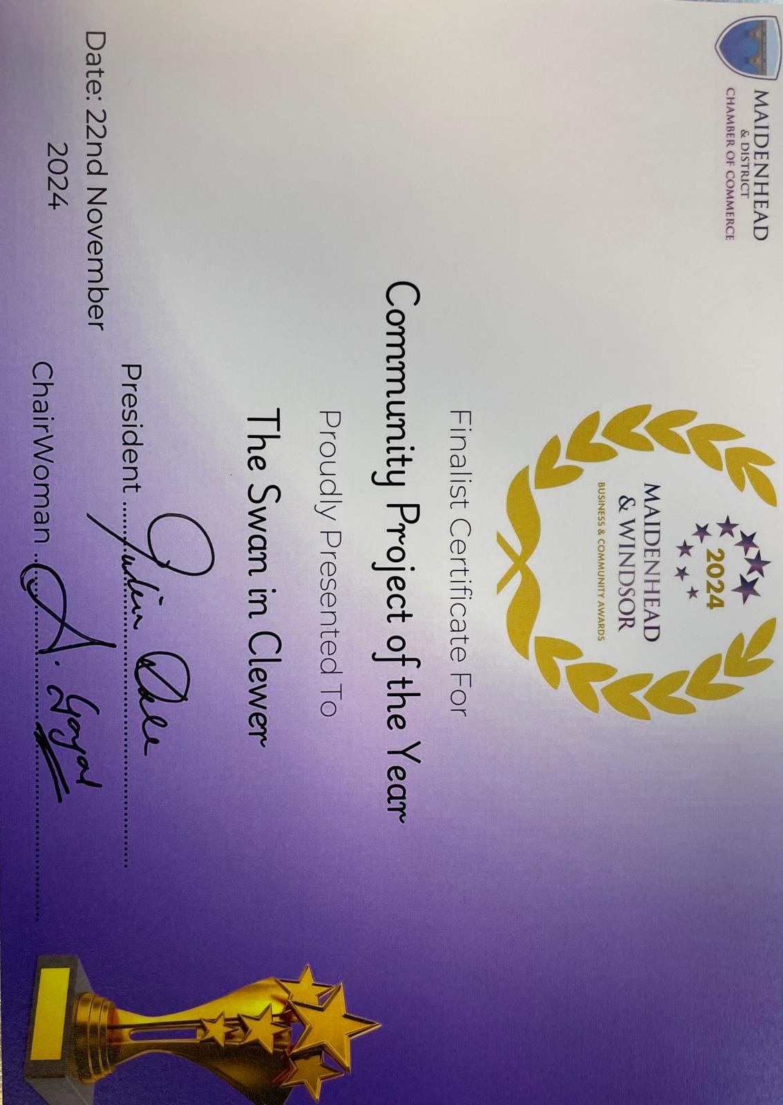 Finalist Certificate for the Community Project of the Year mfrom the local Chamber of Commerce