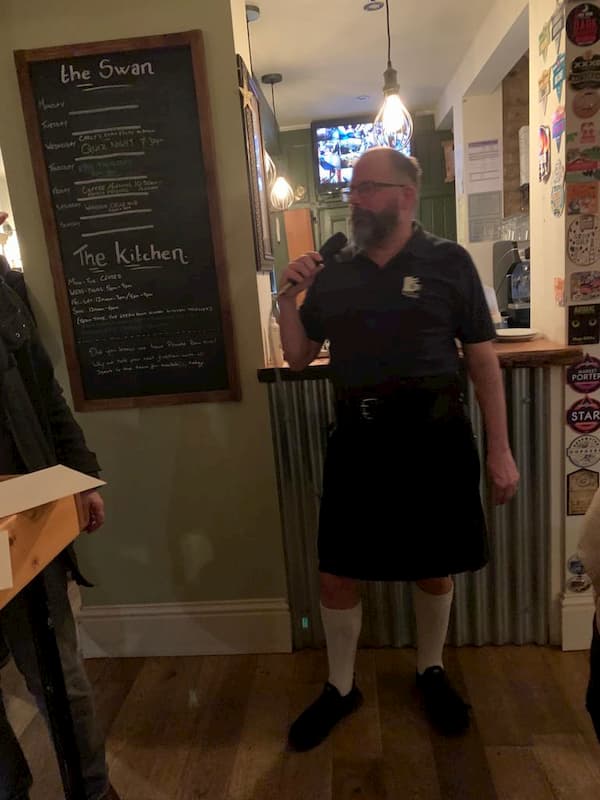The Quiz Master with his kilt.