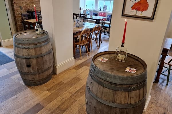Two new oak barrels in The Bar for standing around
