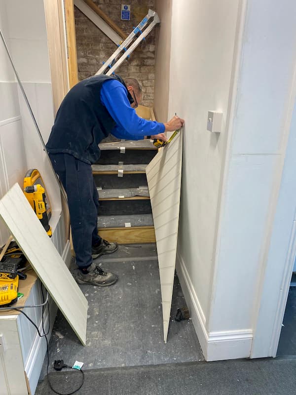 Trevor preparing some of the boards for The School Room where the extractor is