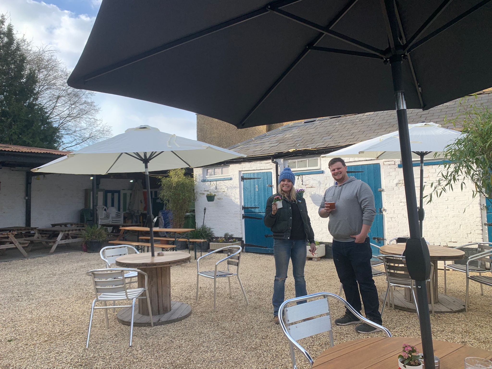 Lexie and Micky enjoying a cuppa in The Courtyard