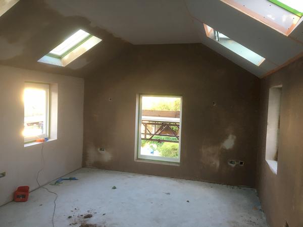 Facing the front of The Coach House, newly plastered insode