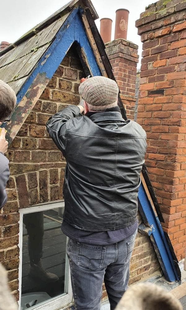 Up on the roof repairing one of the damaged apexes, 6th February 2020