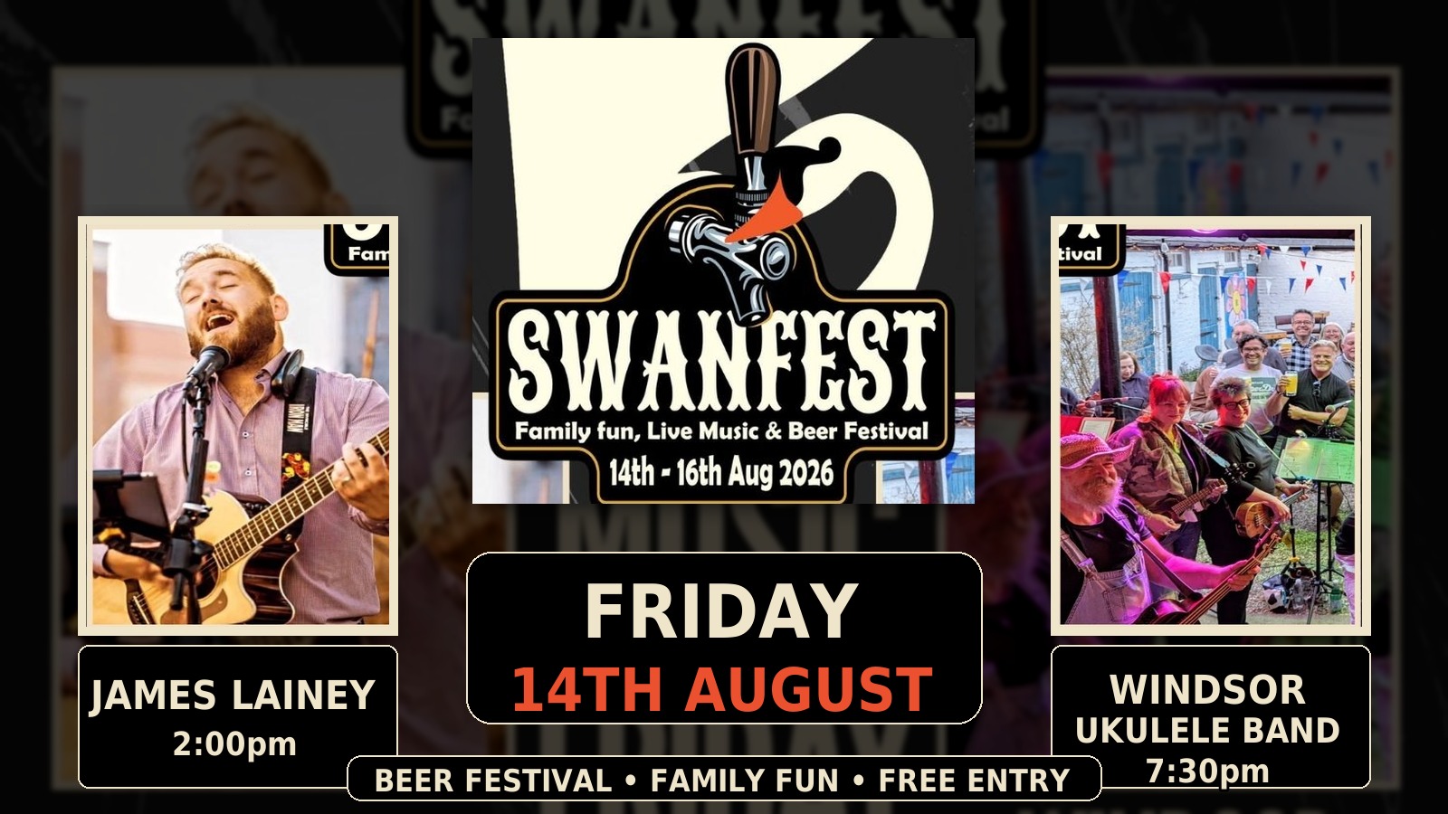 SwanFest Friday 14 August 2026 at The Swan, Clewer, Windsor. Live music from James Lainey at 2:00pm and the Windsor Ukulele Band at 7:30pm, plus beer festival, family fun and free entry.
